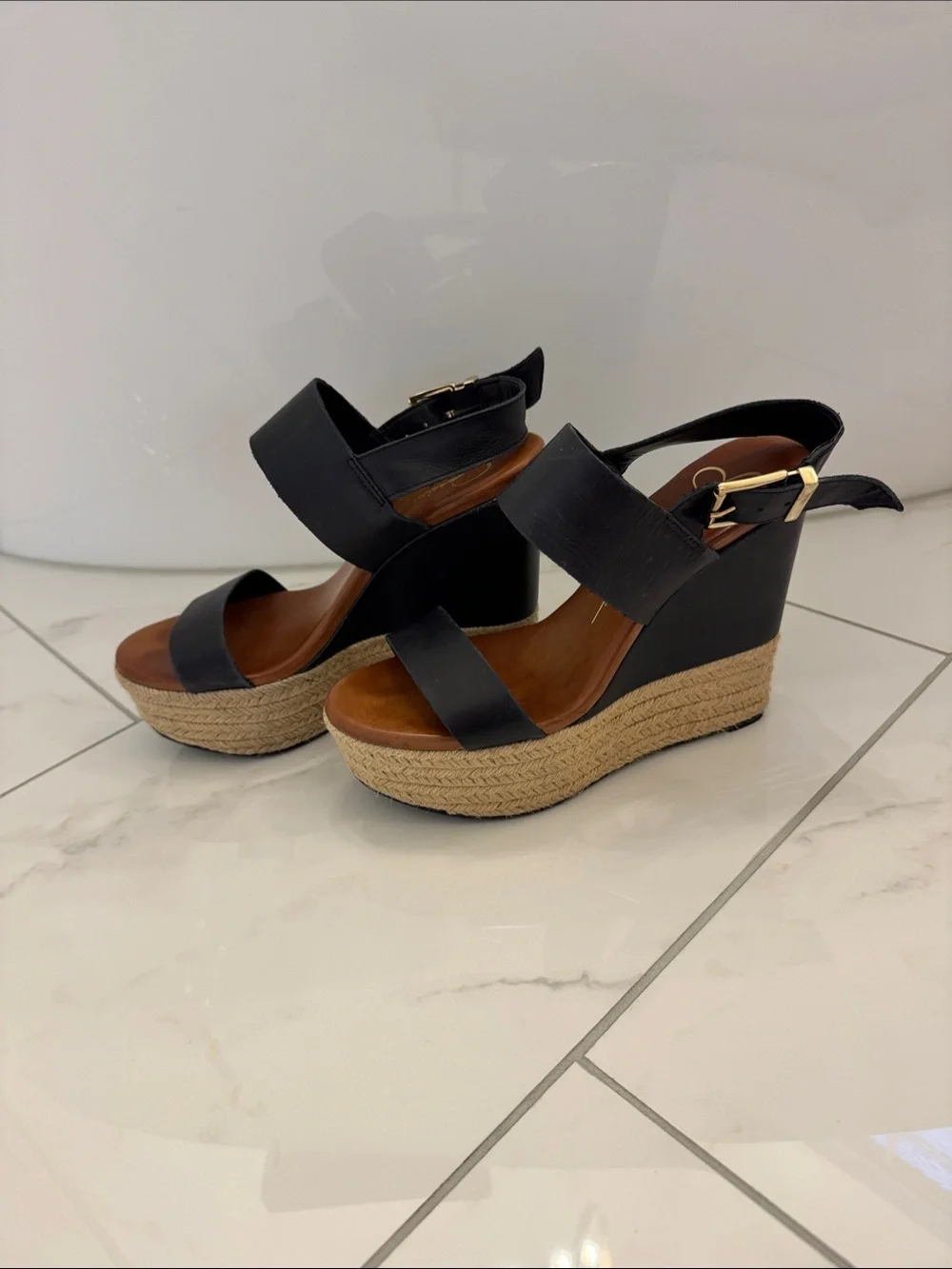 Jessica Simpson Black Espadrille Wedge Sandals with Gold Buckle